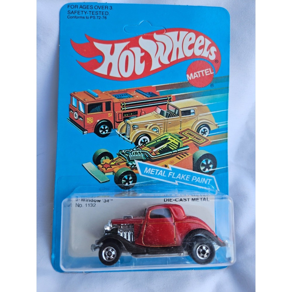 1982 Hot Wheels Red 3-Window '34 Ford No. 1132 #1132 Unpunched Metal Flake Paint